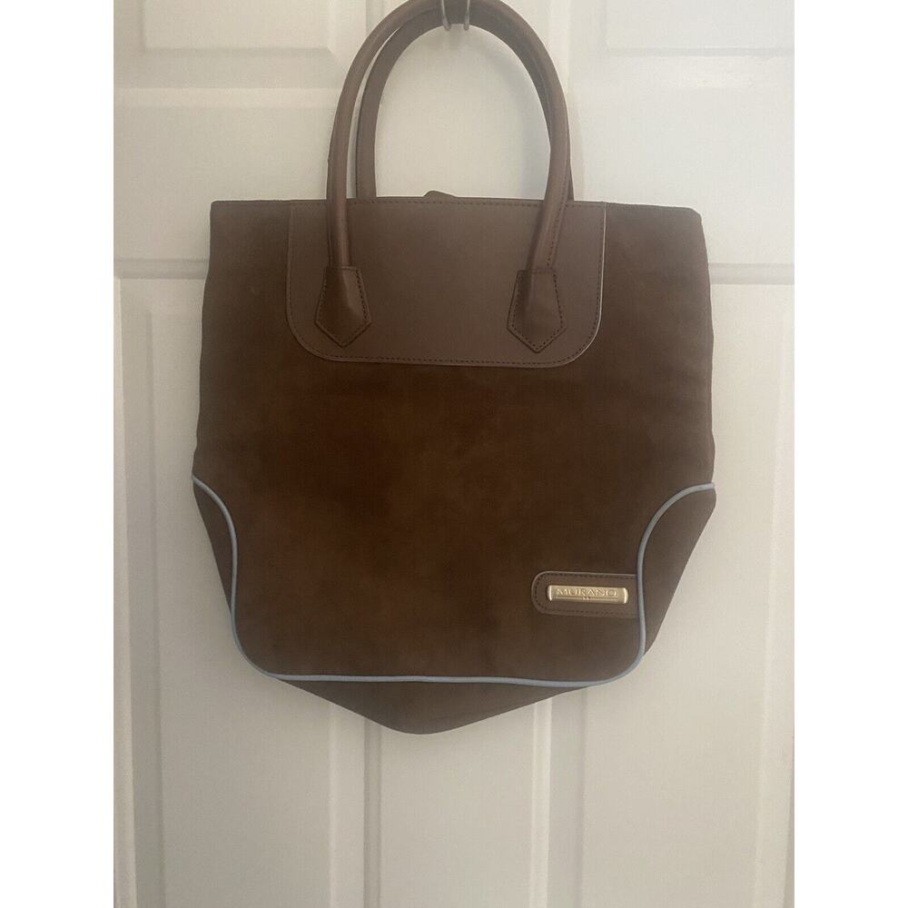 MURANO Brown Suede Tote Bag with Light Blue Trim